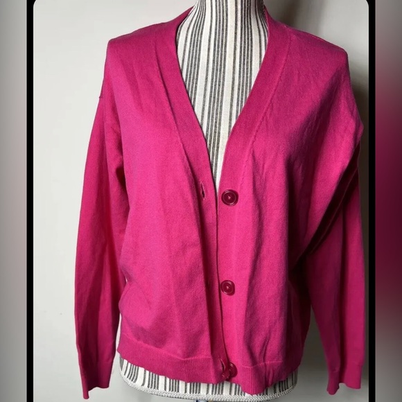 RILEY&RAE Womens Pink Stretch Ribbed Long Sleeve Button Up Sweater S Barbie - Picture 2 of 6